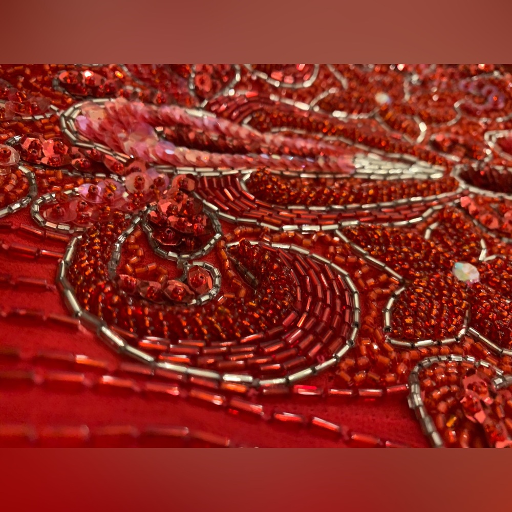 Vintage Red Silk Beaded Gown Intricate Platinum Fringe Short Sleeve Size 14. - Picture 11 of 16